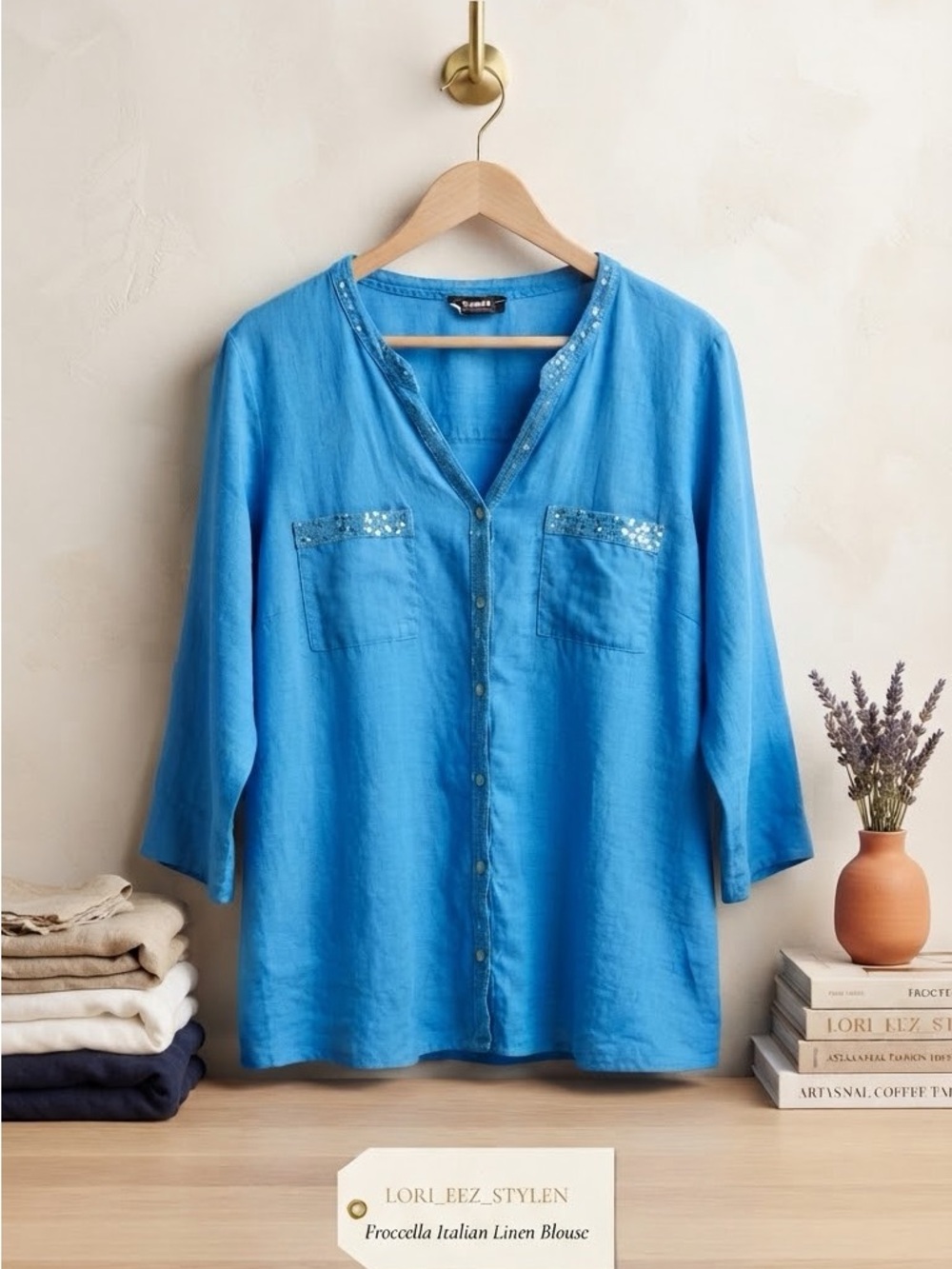 VINTAGE Italian Linen Sequin-Trim Blouse - Blue